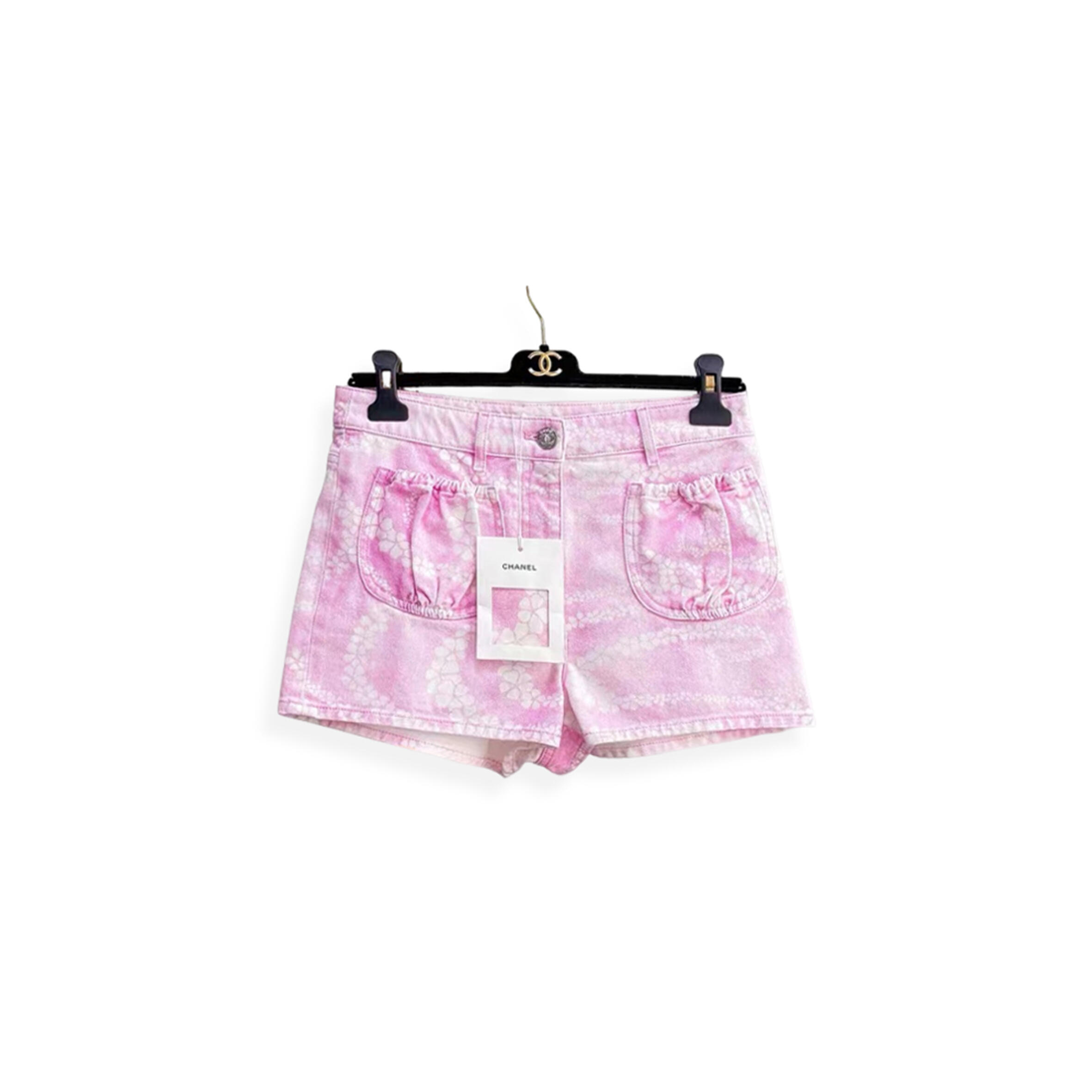 CHANEL COCO BEACH PINK AND WHITE DENIM SHORTS WITH CC LOGO PRINT 